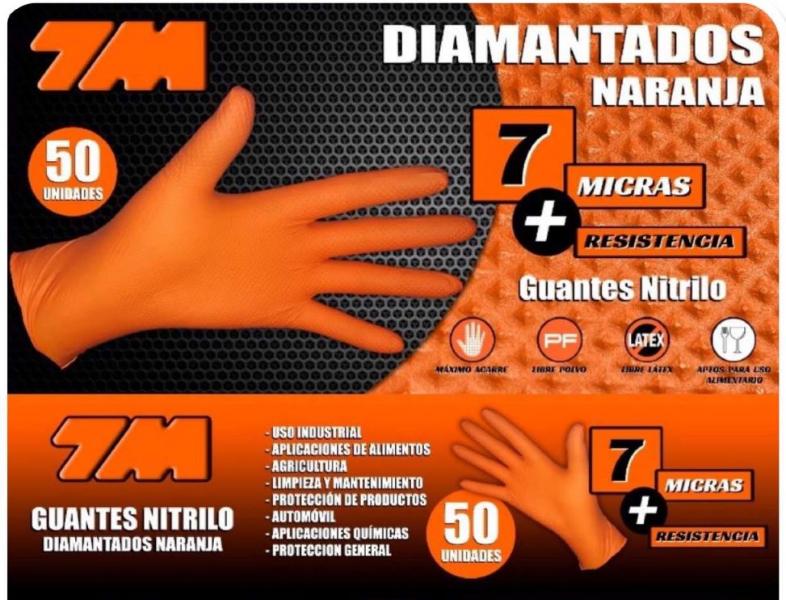 7M 7744L50 - GUANTES NITRILO DIAMANTADO NARANJA 7 MICRAS 50 UDS